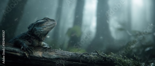 Lizard resting on a log in a misty forest