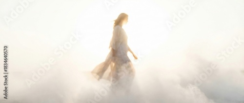 Caucasian woman walking through ethereal cloud and mist. Dreamlike fantasy scene evoking journey and spiritual path to 2026 color of the year. Banner with copy space