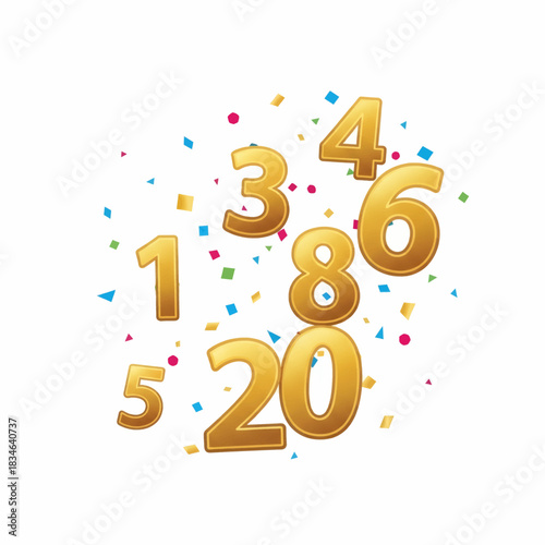 A festive illustration of scattered three dimensional golden numbers and vibrant confetti celebration design