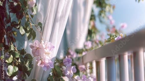 Bougainvillea flowers on a balcony with white curtains