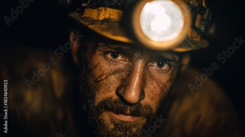 Close up of a determined miner with helmet lamp
