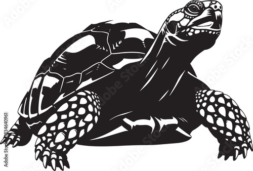 Stylized black and white illustration of a tortoise, an ancient reptile symbolising wisdom and longevity, isolated vector graphic.