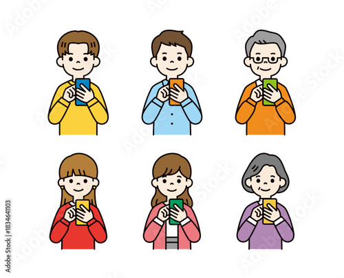 スマートフォンを操作する、様々な年齢の男性と女性の上半身ベクターイラスト素材セット＿カラー