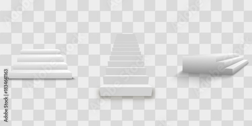 White stairs, 3d staircases. Set, Isolated on transparent background.