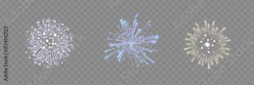 Multicolored Fireworks on Transparent Background. Festive Holiday Fireworks, Night Sky Celebration, Vector Illustration