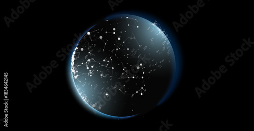 Glass transparent protection sphere shield. Sphere shield with hexagon pattern on blue background. Bubble shield in the form of a force energy field. Protection and safety concept.
