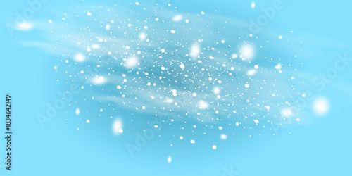 Random falling snow flakes wallpaper. Snowfall dust freeze granules. Snowfall sky white teal blue background. Many snowflakes vector. Snow nature scenery.