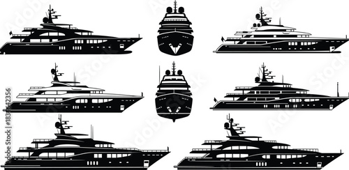 Set of Modern Luxury Yacht Silhouettes, Representing Wealth, Exclusive Travel, Sea Transport, High-Class Leisure, Ocean Cruise, and Nautical Lifestyle Vector