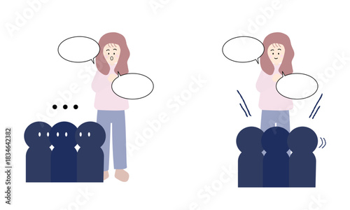 話が届かず戸惑う女性と話が伝わって安心する女性のイラスト