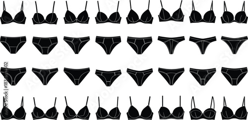 Set of Women's Lingerie Silhouettes Including Bras and Underwear, Representing Fashion, Intimates, Undergarments, Comfort, Femininity, and Clothing Design Vector