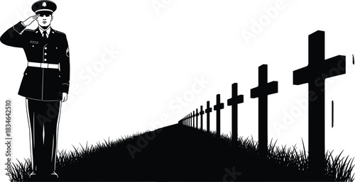 Silhouette of a Soldier Saluting a Row of Military Crosses, Representing Veterans Day, Memorial, Patriotism, Honor, Sacrifice, and Remembrance Vector Graphic