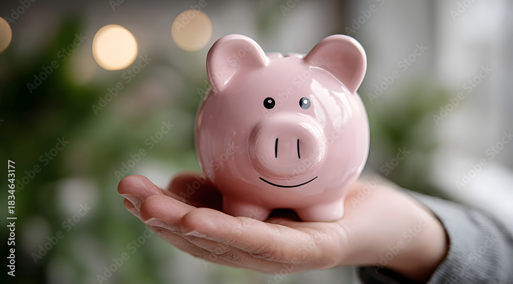 Naklejka premium A hand holding a cheerful pink piggy bank symbolizing savings and financial security indoors in a well-lit environment