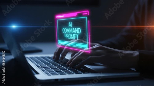Hands typing on a laptop keyboard interacting with a glowing neon holographic display showing an artificial intelligence command prompt interface