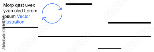 Workflow, process, direction, business strategy, infographic, presentation structure. Circular blue arrows with text and horizontal lines. Workflow and process explanation concept
