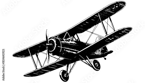 Vintage Biplane Aircraft, Retro Airplane Engraving, Aviation Vector Illustration