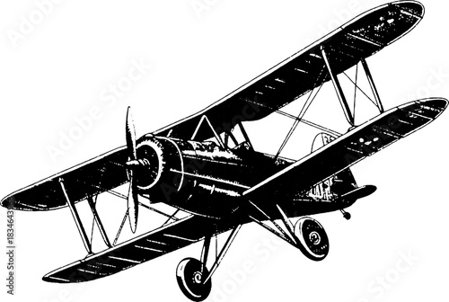 Vintage Biplane Aircraft, Retro Airplane Engraving, Aviation Vector Illustration