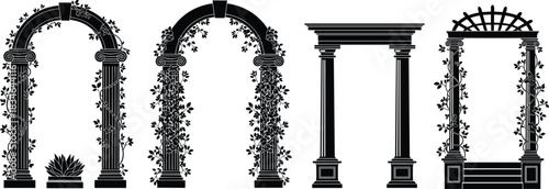 Set of four black silhouettes featuring classic architectural garden arches and columns covered in climbing ivy and grape vines, symbolizing wedding decor, 