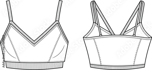 Front and back view fashion illustration of a black outline sports bra with straps lingerie underwear