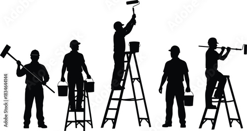 Set of Five Professional Painter Silhouette Vector Illustrations Working with Rollers, Buckets, and Ladders, Symbolizing Home Renovation, Maintenance, and Construction Industry.