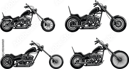 Set of four black vector illustrations of detailed custom chopper motorcycles with exposed engines, long forks, and high handlebars, symbolizing freedom and the open road.