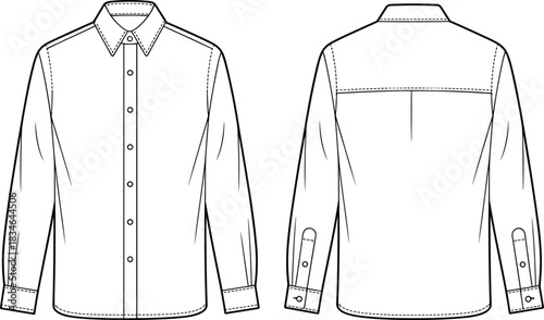 Front and back view of a long sleeve button up shirt with collar and cuffs collared front view