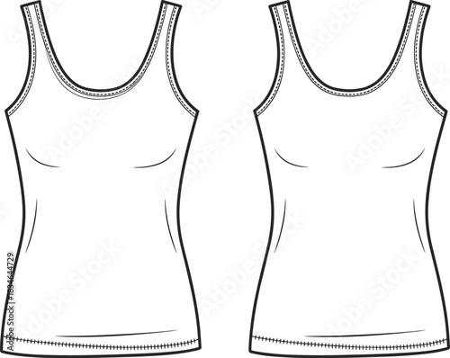 Front and back view of a plain white tank top fashion illustration t-shirt sleeveless