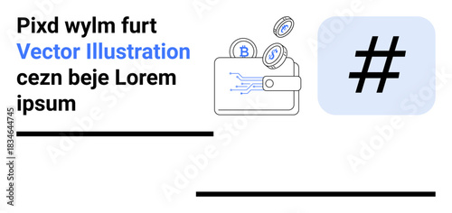 Wallet emitting digital coins alongside a metadata tag symbol. Ideal for cryptocurrency, finance, blockchain, digital payments, fintech, social media, technology, simple landing page