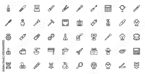 Beauty icon set. Minimal line vector icons pack. Incudes symbols for makeup, nil polish, perfume, hair, pa, lingerie, razor, mirro and more.