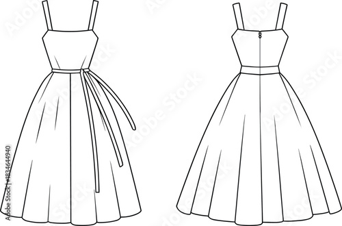 Front and Back View of a Sleeveless A- Line Dress with Ribbon Belt fashion clothing