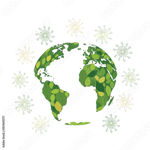 A globe made of green leaves surrounded by abstract green and yellow patterns, symbolizing environmental care and sustainability.