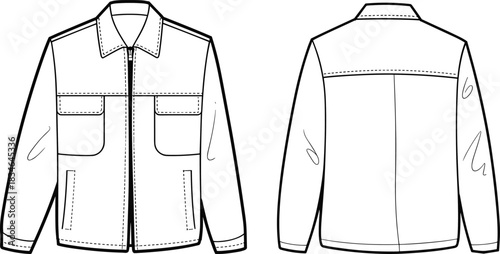 Front and Back View of a Zip- Up Jacket with Collar and Two Chest Pockets clothing apparel