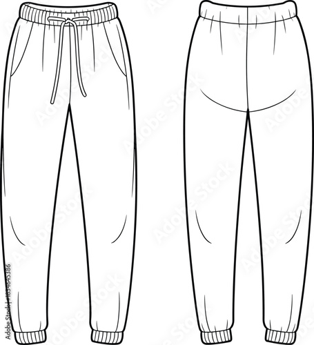 Front and Back View of Drawstring Jogger Pants Fashion Flat Sketch trousers joggers