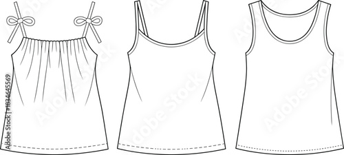 Three flat sketches of camisole tops, one with tie straps tank top spaghetti straps