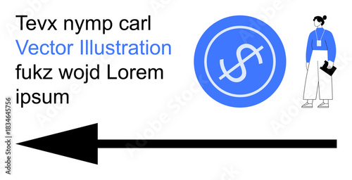 Business strategy, financial guidance, direction indicators, professional growth, decision-making, monetary focus. Dollar symbol in a blue circle, a professional figure and an arrow. Business