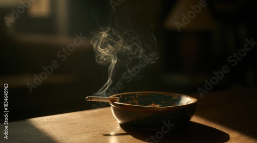 Cigarette in ashtray with smoke