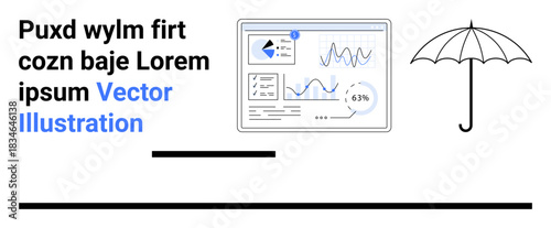 Data security, analytics visualization, risk management, business forecasting, corporate safety, web analytics. A digital dashboard with data graphs next to an umbrella icon. Data security