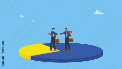 Businessmen handshaking on pie chart to share profit together. Shareholder or stakeholders, sharing benefit or merger and acquisition, partnership or collaboration, marketshare or agreement.