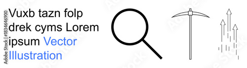Data analysis, exploration, growth, research, mining progress. Magnifying glass pickaxe and upward arrows . Data analysis and exploration concept. Line metaphor. Simple line icons