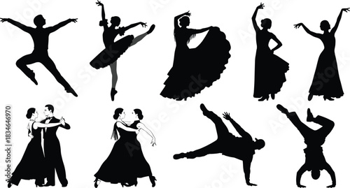 Set of Diverse Dance Silhouettes Including Ballet, Ballroom, Flamenco, and Breakdance, Representing Movement, Performance, Art, Culture, and Choreography Vector