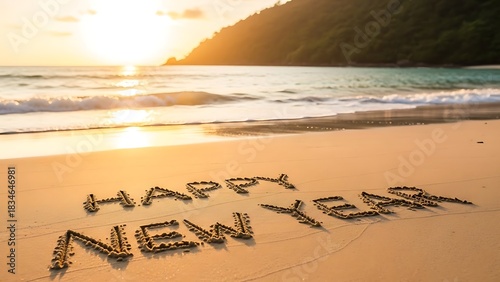Happy New Year written in beach sand at beautiful golden sunset.