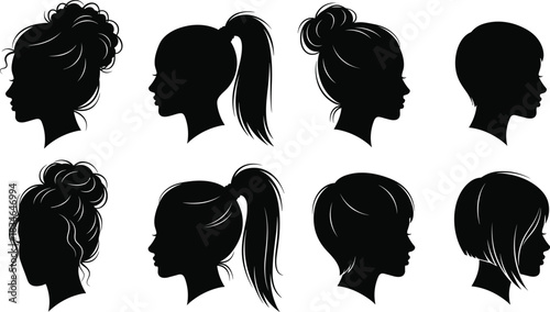 Set of eight beautiful female face silhouettes showing various hairstyles, including messy buns, high ponytails, pixie cuts, and sleek bobs, perfect for salon, beauty, and fashion design.