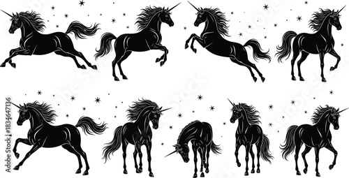 Set of eight black unicorn silhouettes with stars, vector illustration of mythical horse animals running and jumping, isolated on white for fantasy design