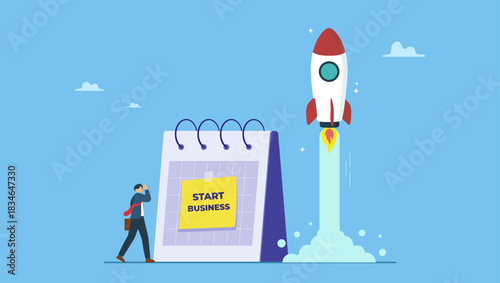 Businessman launch rocket with calendar start date. Start new business, quit full time job, startup launch company or product, begin innovative project, entrepreneur start small company.