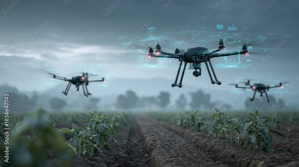 Fototapeta premium Drones Flying Over Agricultural Field with Advanced Technology Interface for Precision Farming and Crop Monitoring
