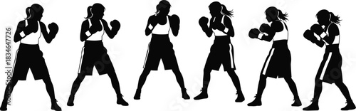 Set of female boxer silhouettes, woman fighter in boxing gloves, black vector illustration isolated on white background, sport training poses collection.