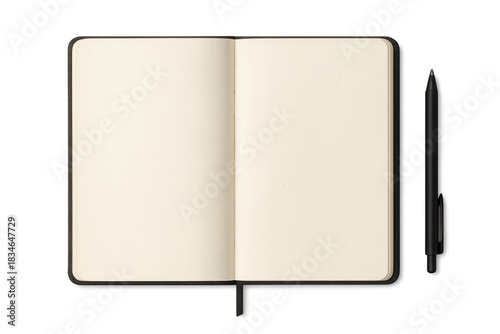 Open notebook with blank parchment style pages and bookmark, a black ink pen laying beside it, transparent background