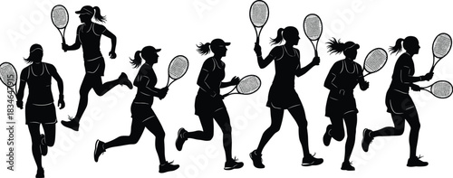 Set of Female Tennis Player Silhouettes Running with Rackets, Representing Sports, Fitness, Competition, Action, Athletic Training, and Dynamic Movement Vector