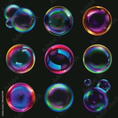 Colorful glossy spheres and rainbow reflections illustration vector