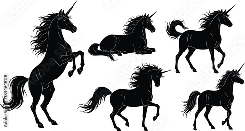 Set of five detailed black unicorn silhouettes, mythical horse animals isolated on white, rearing and lying down poses for fantasy logo