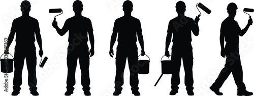 Set of five male painter worker silhouettes holding paint rollers and buckets, representing renovation, home improvement, and professional contractor vector content.